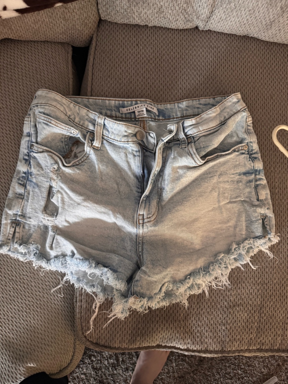 Celebrity Pink Light Blue Distressed Frayed Hem Denim Shorts